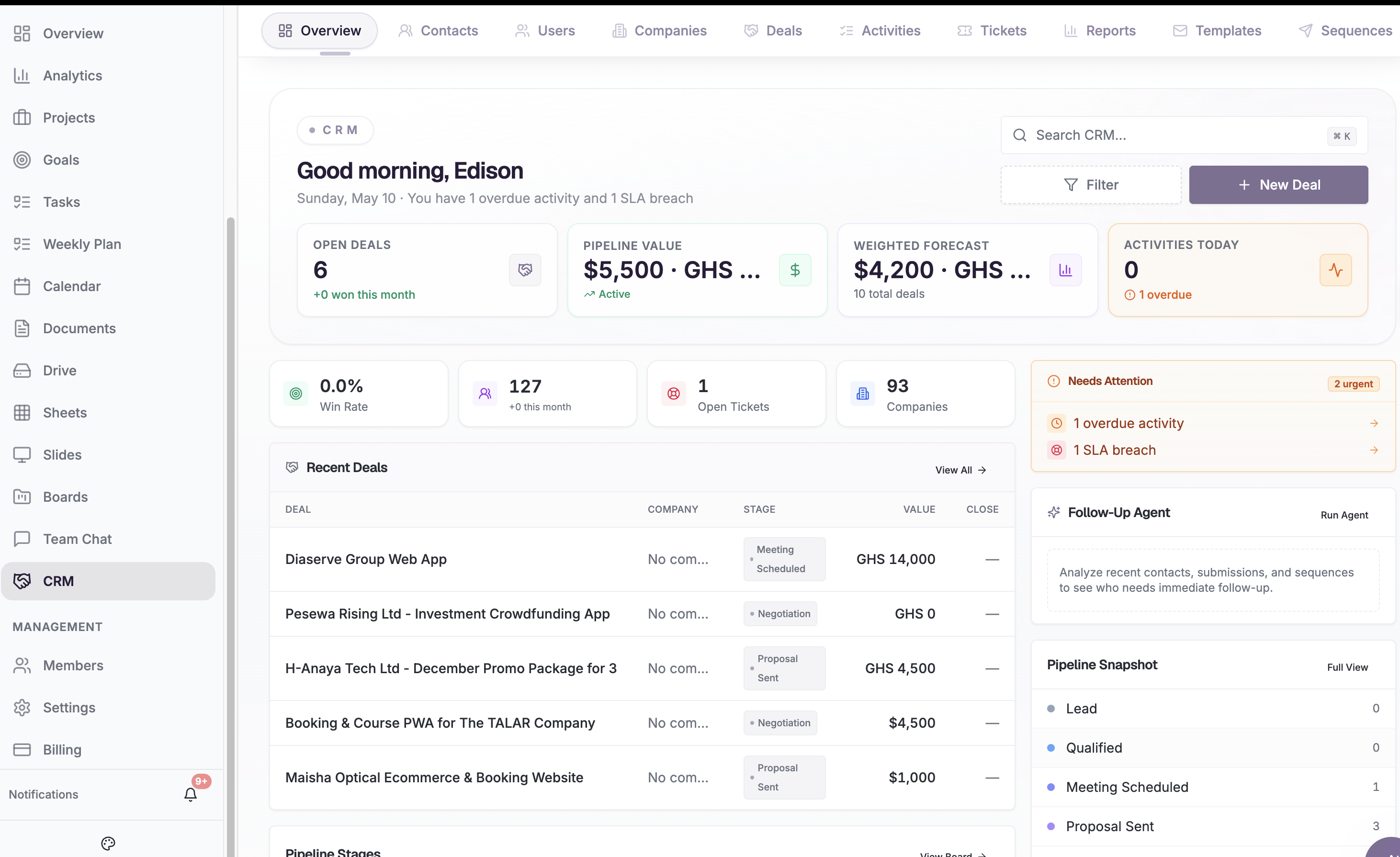 Stride CRM workspace with customer and pipeline tools